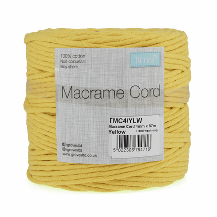 Macramé Cotton Cord - 87m x 4mm - 0.5kg Rolls - 20 Colours Available TMC4