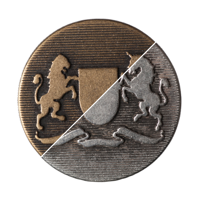 Round Prancing Lion Unicorn Buttons 6pc Crested Metal Shank Blazer Bronze Silver - ThreadandTrimmings