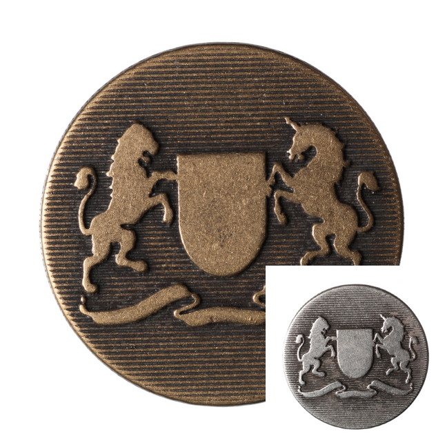 Round Prancing Lion Unicorn Buttons 6pc Crested Metal Shank Blazer Bronze Silver - ThreadandTrimmings