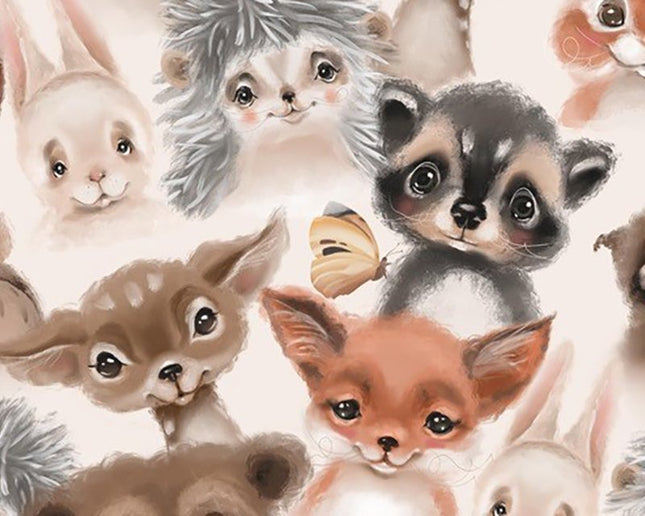 Beige Cotton Fabric with Baby Fur Animal Water Colour Theme 59" Wide 100% Cotton - ThreadandTrimmings
