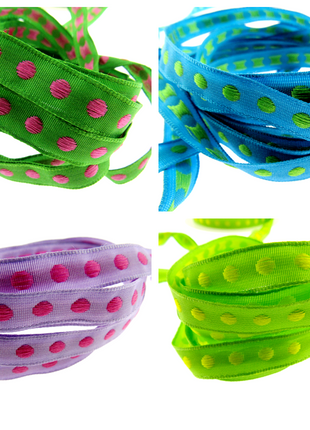 Bright Funky Narrow Ribbon with Woven Contrasting Spot - 10mm -5m or 20m Lengths - ThreadandTrimmings