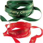 Satin Merry Christmas Ribbon 10mm - Red or Green with Gold Printed Message 54113