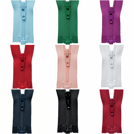 An assortment of YKK lightweight open end nylon zippers displayed in multiple colors.