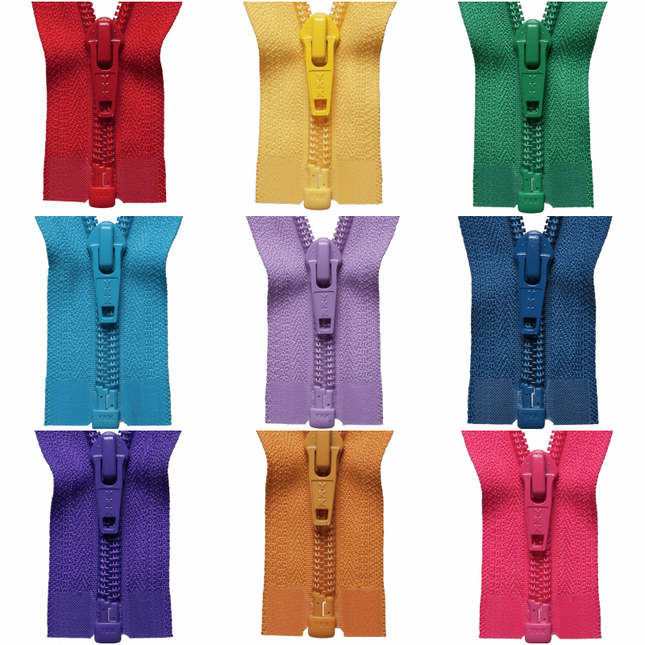 Deep fan arrangement displaying twenty five vibrant color options of genuine YKK medium weight open ended nylon zippers for clothing repairs.
