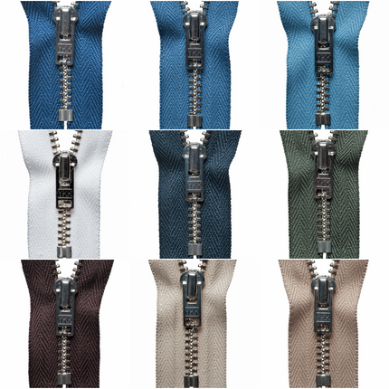  Selection of different lengths of genuine YKK closed end metal zippers for sewing and garment repairs.
