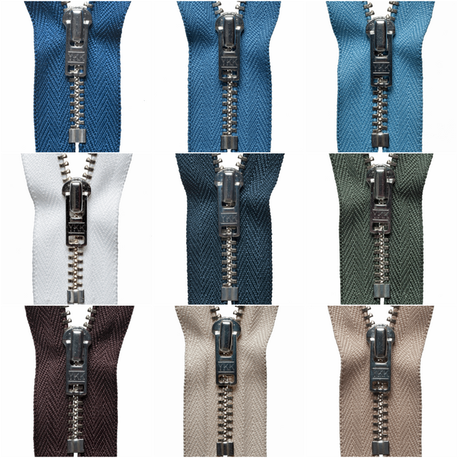  Selection of different lengths of genuine YKK closed end metal zippers for sewing and garment repairs.