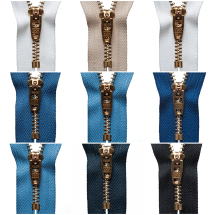 A collection of brass jean zippers in various colors displayed side by side.